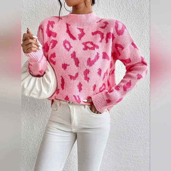 Leopard Pattern Mock Neck Drop Shoulder Sweater - Picture 7 of 7